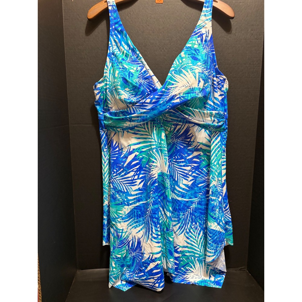 Swimsuits For All SWIM365 Plus Size 22 Blue Palm Leaf Handkerchief Tankini Top